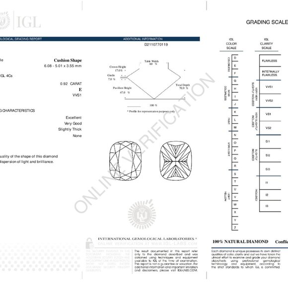 Cushion Natural Diamond Pendant 14K Gold (0.92 Ct E Vvs1) Igl C54200001 - Picture 5 of 7